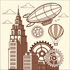 Illustration of a steampunk city with a zeppelin, hot air balloon, and gears in brown tones