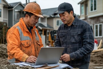 Builder and supervisor consulting on a construction job plan: Asian contractor and foreman reviewing blueprints on a laptop at a construction site, Generative AI