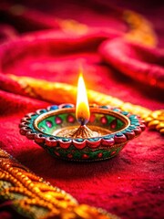 Colorful Diya on Red Velvet Cloth