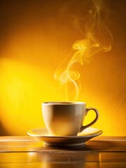 a steaming cup of coffee in a bright yellow surroundings