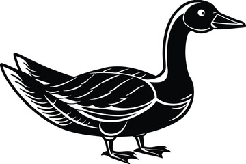 The standing cartoon goose in black outline style looks towards the right side