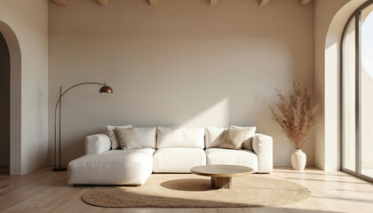 Fototapeta premium Japandi style living room featuring white sectional sofa, minimalist coffee table, floor lamp. Natural light streams through arched windows, illuminating neutral palette of plaster walls, wood