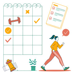 Woman jogging near calendar and checklist fitness exercise