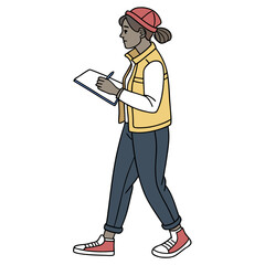 Woman wearing vest and hat writing on clipboard vector