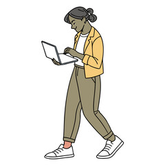 Woman with laptop walking on white background technology business