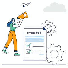 Woman with megaphone near invoice and gears business paid