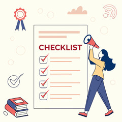 Woman with megaphone announcing checklist completion and achievement announcement