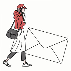 Woman with red jacket and large envelope walking mail