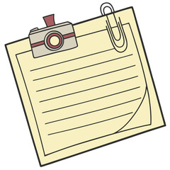 Yellow lined paper with clip and camera note memo