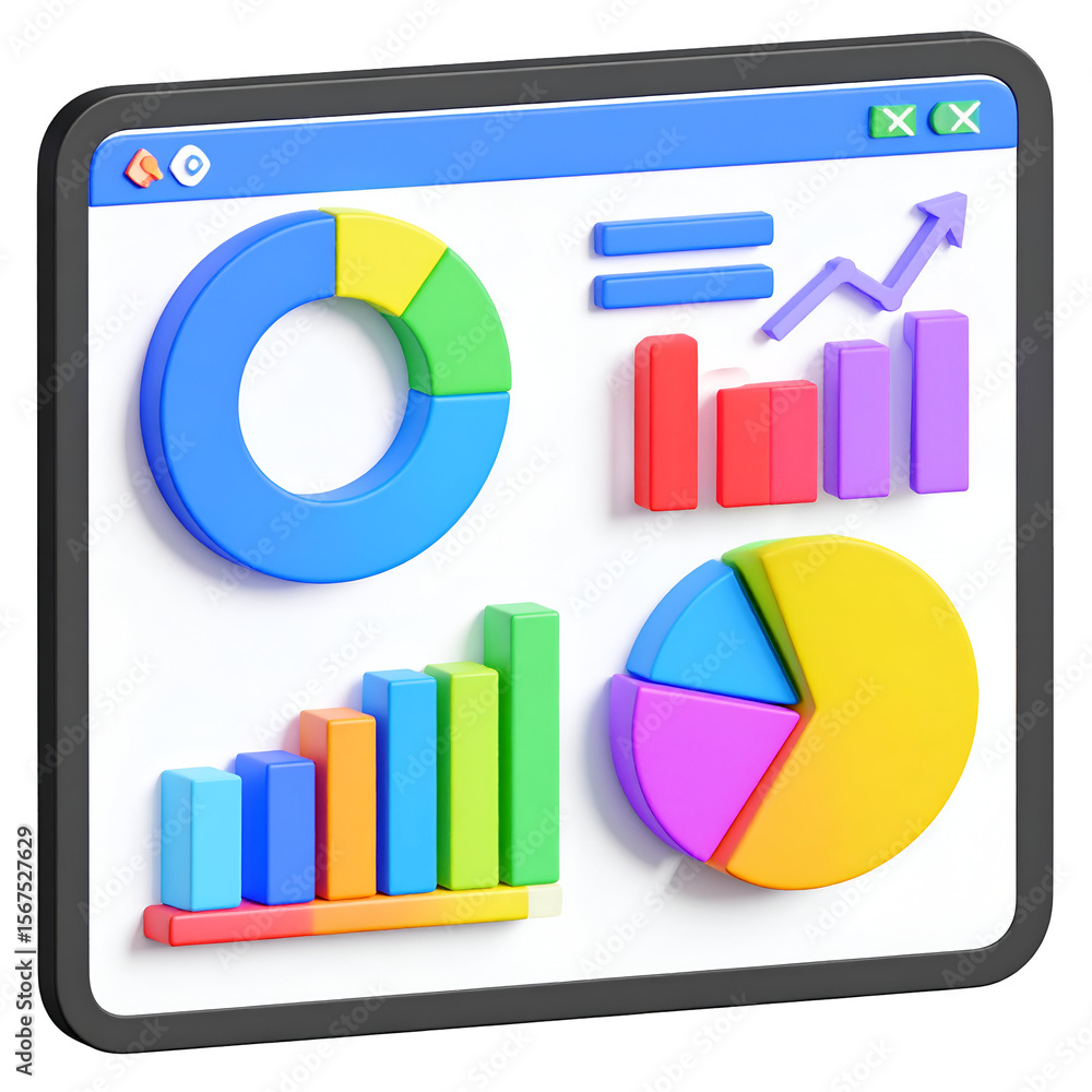Poster colorful stylized graphic of a data dashboard with charts and graphs on a dark frame