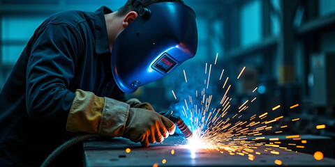 Close-up of industrial welder at work creating bright electric sparks while fusing metal in a modern fabrication workshop with protective gear, cinematic lighting, and intense manual precision