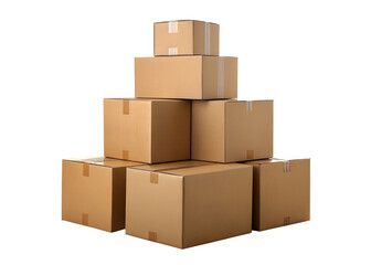 A pyramid stack of sealed brown cardboard moving boxes with tape closures isolated on a black background for easy compositing
