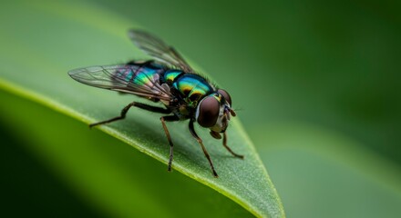 Naklejka premium Iridescent green fly perched on a vibrant green leaf. Close-up showcasing intricate details of its body and wings