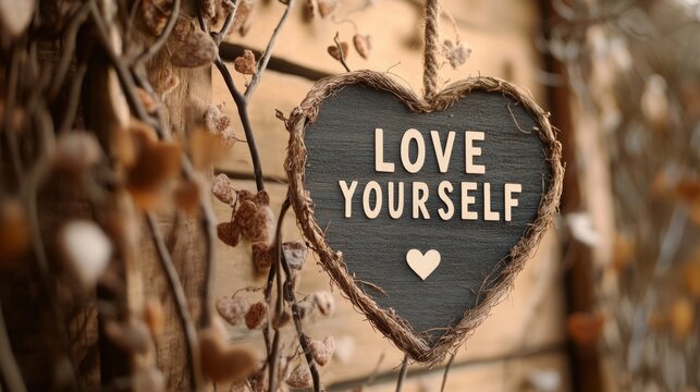 Heart-shaped sign with the message Love Yourself in a rustic setting surrounded by dried flowers and twigs
