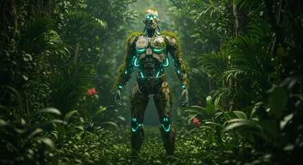 Cybernetic warrior in a lush jungle