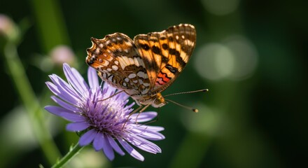 Fototapeta premium Elegant painted lady butterfly perches gracefully on a vibrant aster bloom against blurred foliage