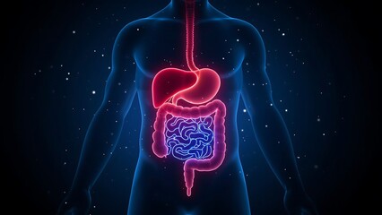 Glowing Neon Digestive System Illustration on Dark Starry Background