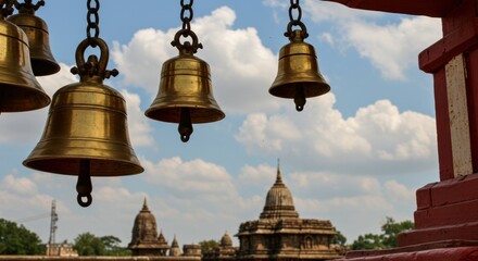 Golden bells hanging before ancient temple architecture under a peaceful cloudy sky background