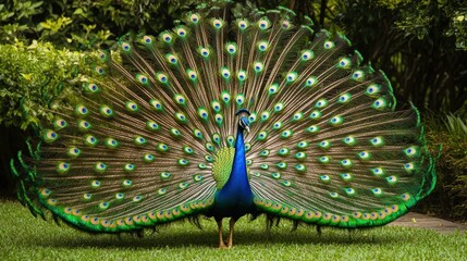 Obraz premium A peacock with vibrant plumage displays its magnificent tail.