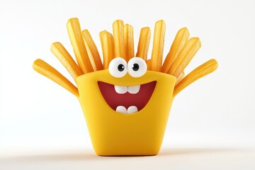 French Fries isolated in 3d cartoon character on white background