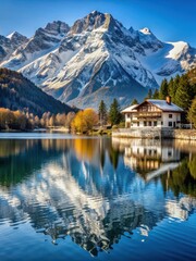 Fototapeta premium Snow-covered mountain peaks surrounding Villa Pehuenia with a serene lake in the foreground