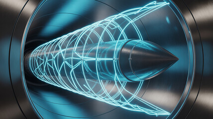 Engine Core Technology: High-tech image of a sleek metal engine core, its intricate design highlighted by bright glowing light. Perfect for projects related to industry, engineering.