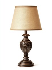 Ornate Bronze Table Lamp with Beige Fabric Shade on White Background