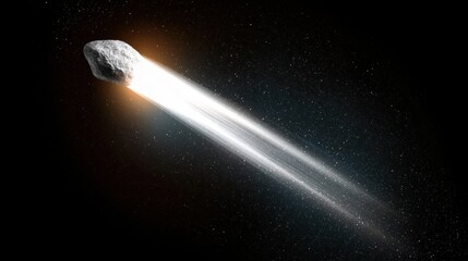 A large, bright, white comet streaking across the night sky.