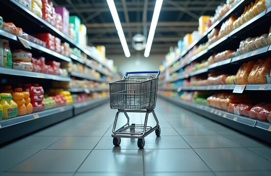 Supermarket aisle with shopping cart centered between shelves stocked with merchandise. Clean, well-lit environment variety of food products. Scene captures everyday experience of grocery shopping, - Powered by Adobe
