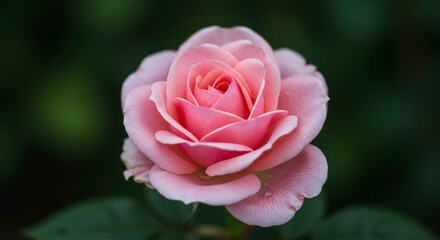 A delicate pink rose, petals softly unfurling, dew-kissed, against a blurred green backdrop