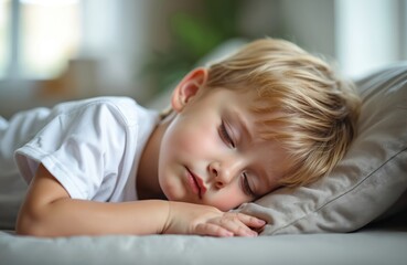 Peaceful young boy sleeps soundly on couch, head resting on pillow in sunlit living room. Closed eyes, serene expression suggests sweet dreams, deep relaxation. Image captures moment of pure