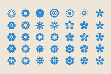 Set of simple flower icons. Collection of blue geometric floral symbols. Minimalist flat vector design elements for nature or spring themes.