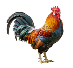 A detailed photograph of a vibrant rooster against a pure white  transparent background.