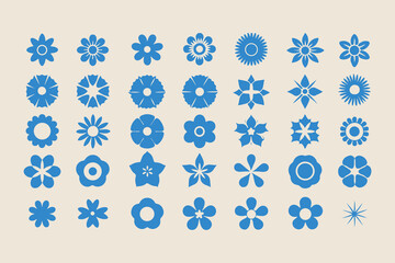Set of simple flower icons. Collection of blue geometric floral symbols. Minimalist flat vector design elements for nature or spring themes.