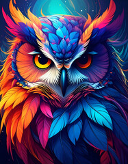 Colorful Owl Portrait with Night Fantasy.