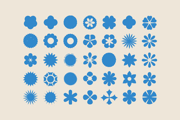 Set of simple flower icons. Collection of blue geometric floral symbols. Minimalist flat vector design elements for nature or spring themes.