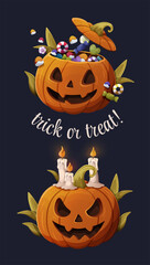 Vector illustration of two Halloween pumpkins with candies and candles on dark background with trick or treat text. Fun spooky design for greeting cards and party decor