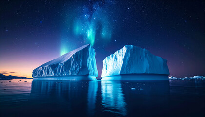 Arctic iceberg aurora borealis night.