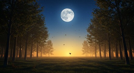 Fototapeta premium The full moon shines over a quiet forest with honeybees flying.