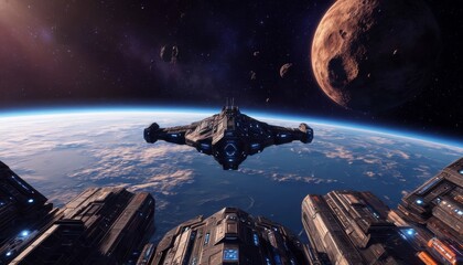 A futuristic spaceship hovers above Earth, surrounded by asteroids and a distant planet. This stunning scene captures the beauty of space in vibrant detail. 3D, 4K.