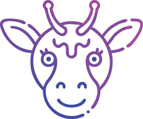 Gradient giraffe with horns and ears looks forward on the white background brightly