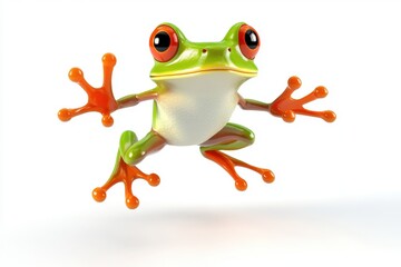 Frog jumping mid-air 3d cartoon character on white background