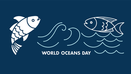 World Oceans Day: Minimalist Line Art Illustration Featuring Two Fish and Ocean Waves; Serene, Celebratory, and Eco-Conscious Design for Sustainable Living Campaigns.
