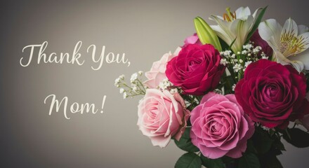A lovely bouquet of pink and red roses and lilies with a heartfelt "Thank You, Mom!" message