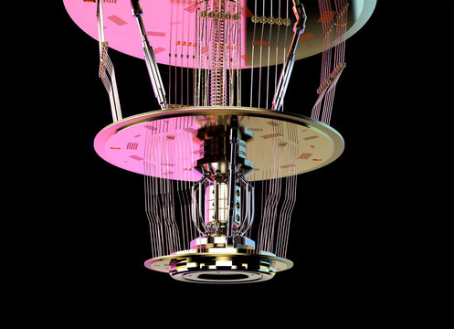 Quantum computer machine close up with neon light