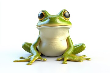 Frog sitting with legs tucked 3d cartoon character on white background