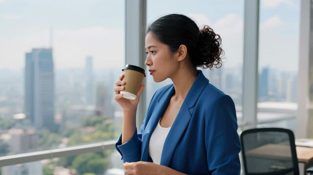 Thoughtful businesswoman drinking coffee and looking out large window in modern office overlooking cityscape with soft, diffused light for business