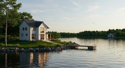 Obraz premium Lakeside modern home with dock, serene sunset view, lush green landscape