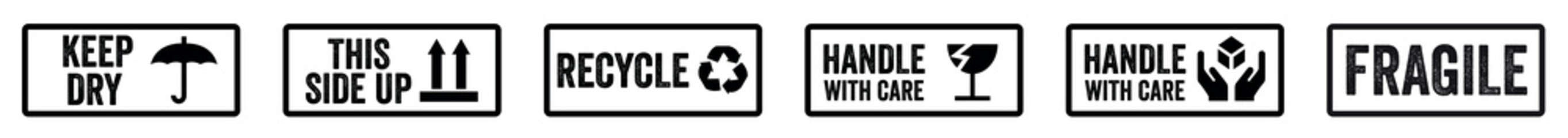 sticker fragile handle with care, Fragile handle with care, fragile warning label with broken glass symbol, this side up sign. vector illustration
