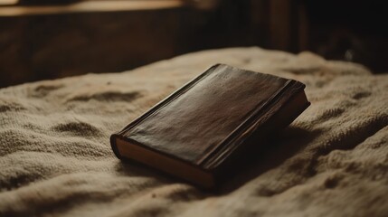 Antique Leather-Bound Book on Textured Surface, Warm Lighting, Close-Up Shot.